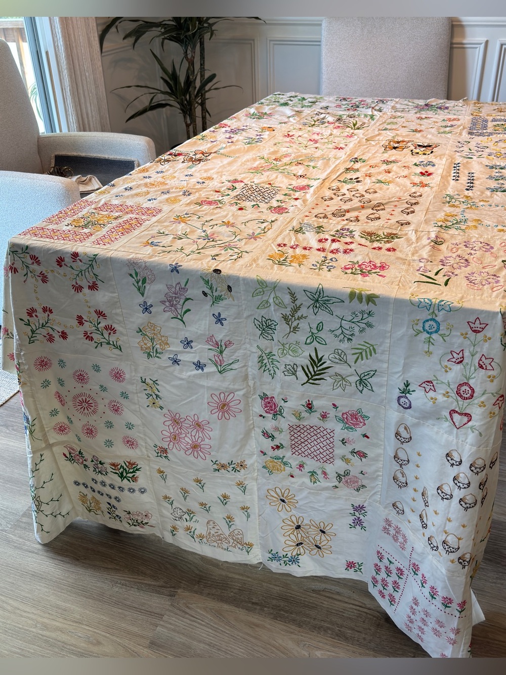 Vintage Handmade Embroidered Quilt Topper 60x90 Cottagecore Floral Butterfly
